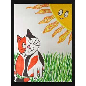 Whimsical Calico Cat Smiling Sun Illustration Colorful Hand-Drawn Artwork 9x12"